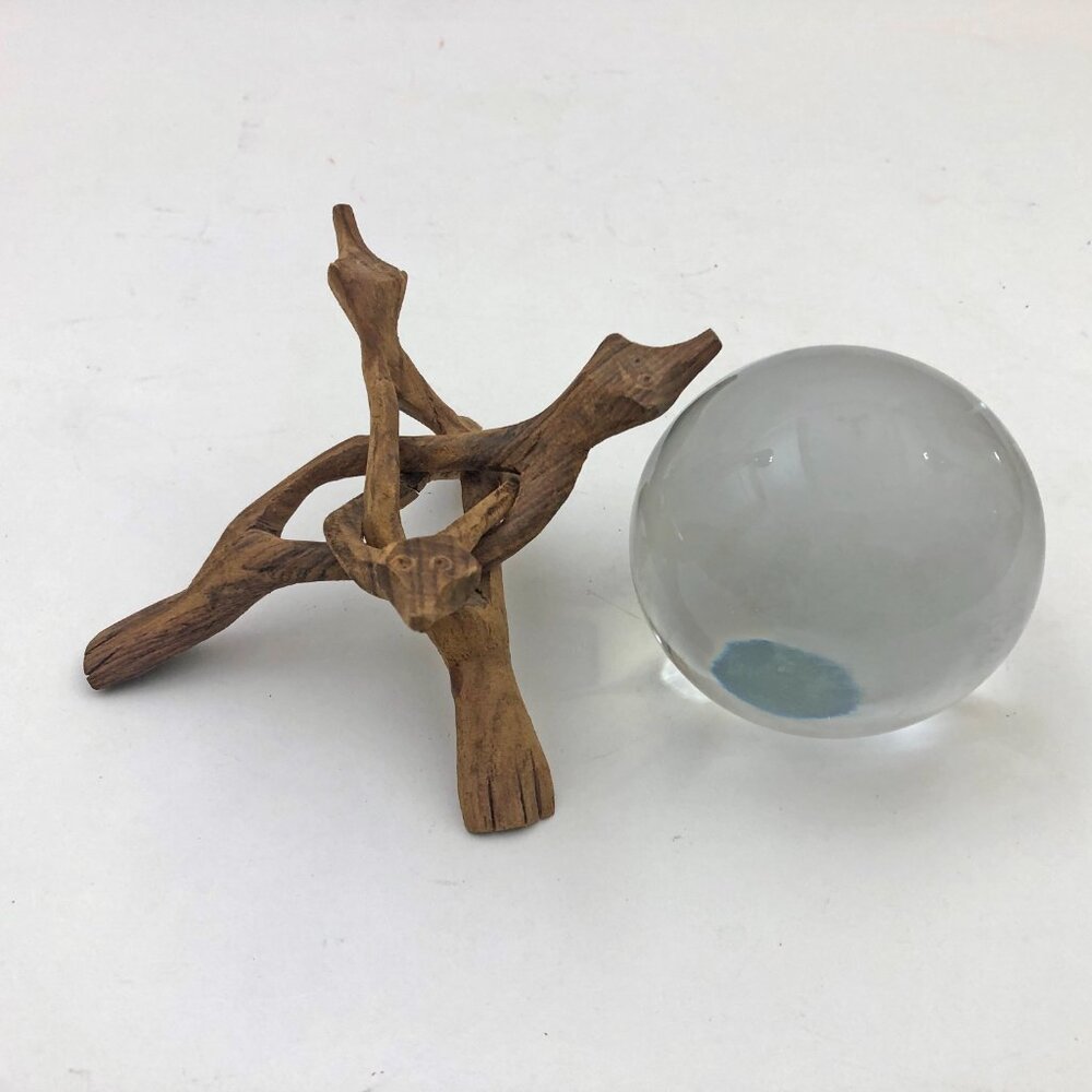 Clear Crystal Glass Ball 3 inch w/Snake Head Carved Stand Vintage - Picture 5 of 8